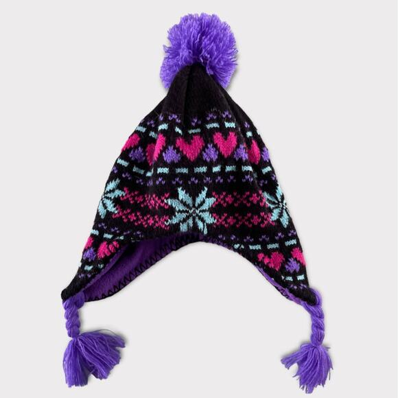 Unbranded Other - Girls Youth Trapper Hat Black Pink Hearts Snowflake Purple Braided Strap Pom Pom
